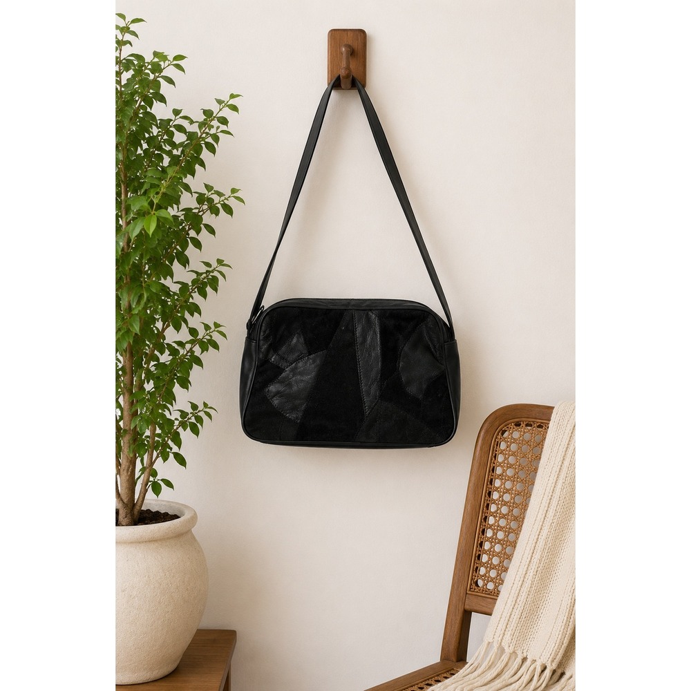Vintage Black Leather Suede Patchwork Shoulder Bag 90s Y2K Multi Pocket Purse
